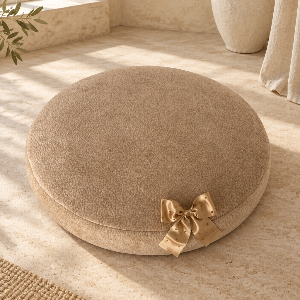 pouf caramello per cani fiocco in raso con punti luce in un ambiente elegante vista dall'alto