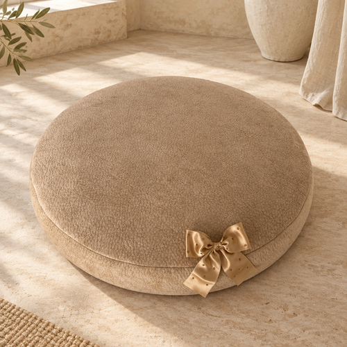 pouf caramello per cani fiocco in raso con punti luce in un ambiente elegante vista dall'alto