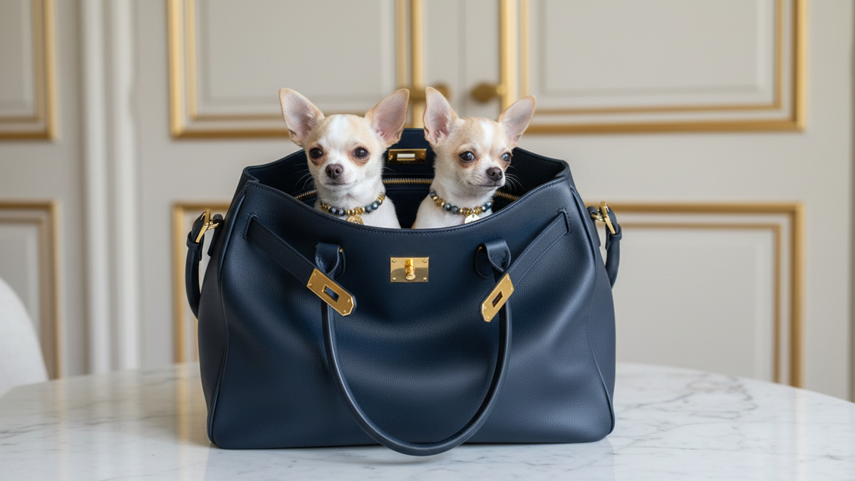 Due Chihuahua color crema con collane gioiello blu acciaio all’interno di una borsa blu con dettagli dorati – My Pets and I Milano
