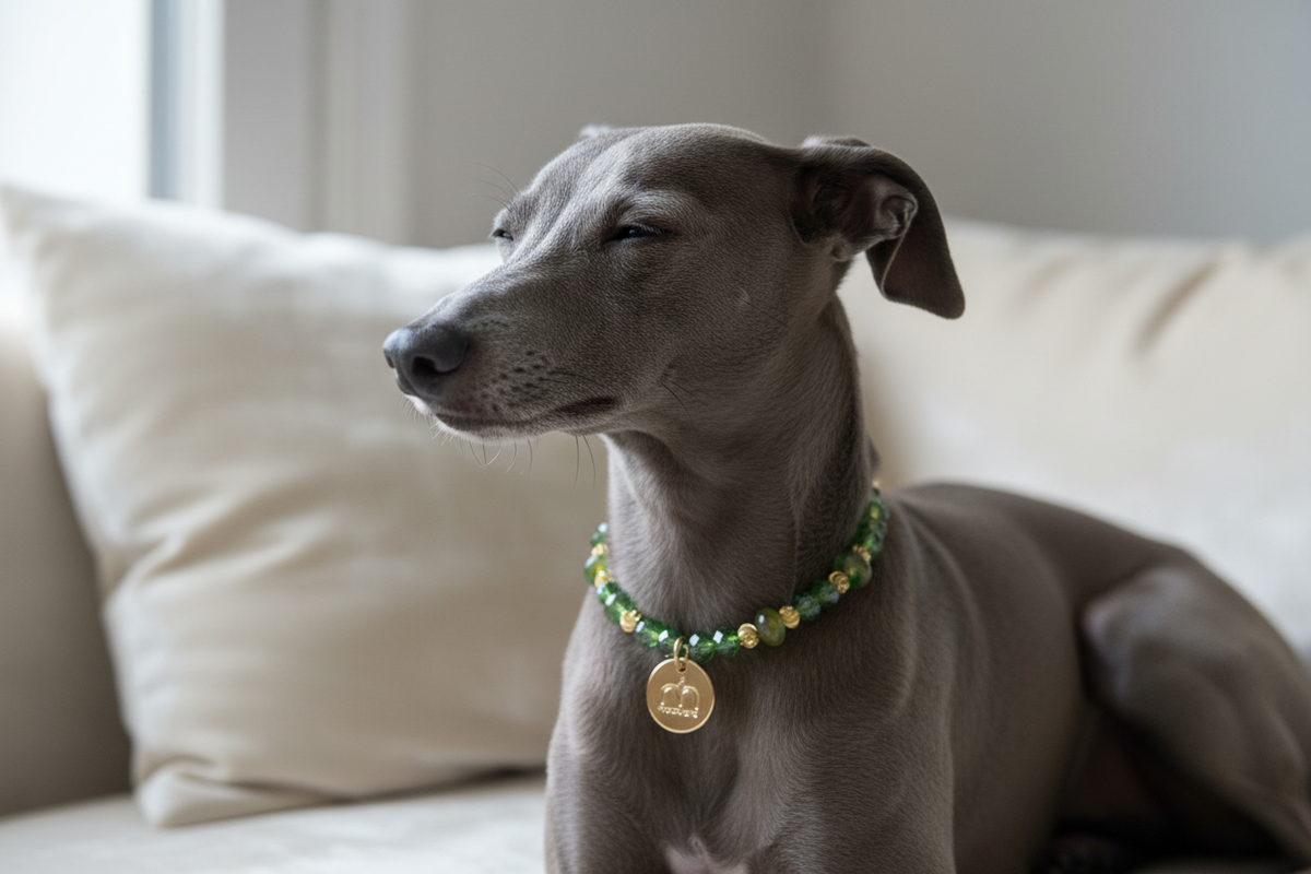 Collana Emerald Glow con cristalli sfaccettati verdi, dettagli oro e ciondolo logo dorato indossata da un Levriero Italiano – My Pets and I Milano