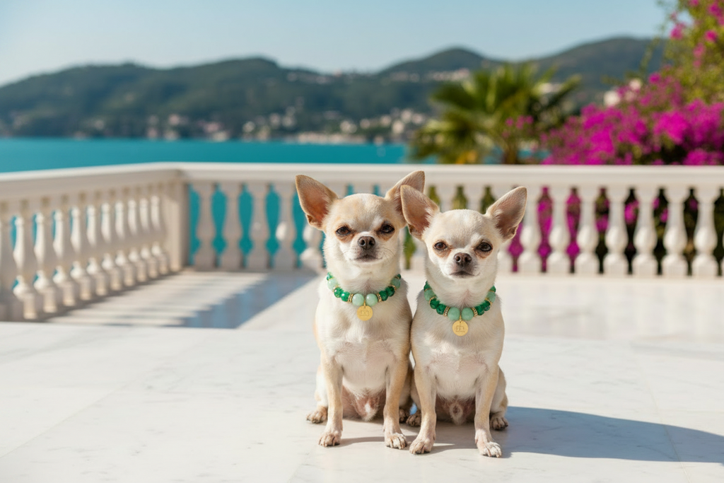 Collana Green Glow con pietre dure verdi e cristalli sfaccettati indossata da due Chihuahua color crema in una terrazza con vista sul mare – My Pets and I Milano