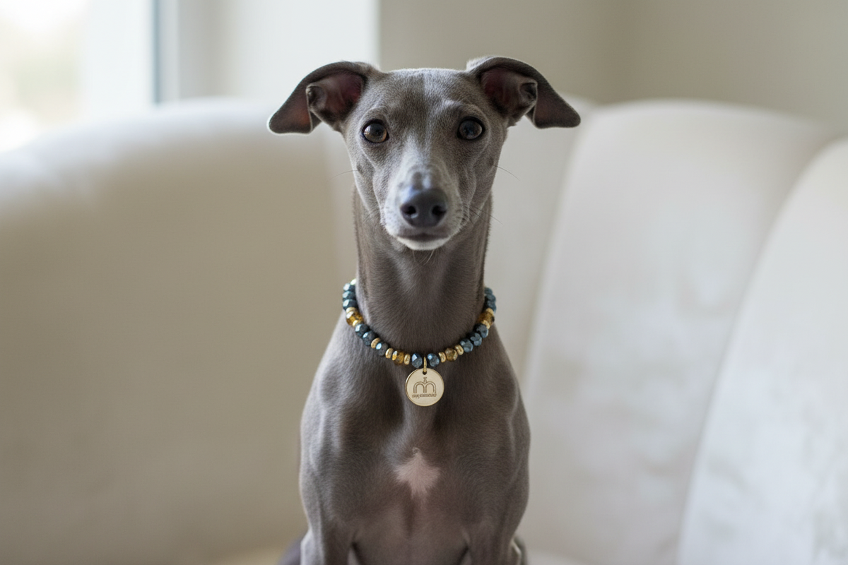 Collana Steel Glow con cristalli sfaccettati blu grigio, cristalli sfaccettati oro e ciondolo logo dorato indossata da un Levriero Italiano – My Pets and I Milano