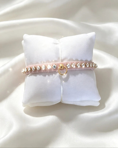 Collare rosa per cane con strass luminosi e anello dorato, su cuscino bianco