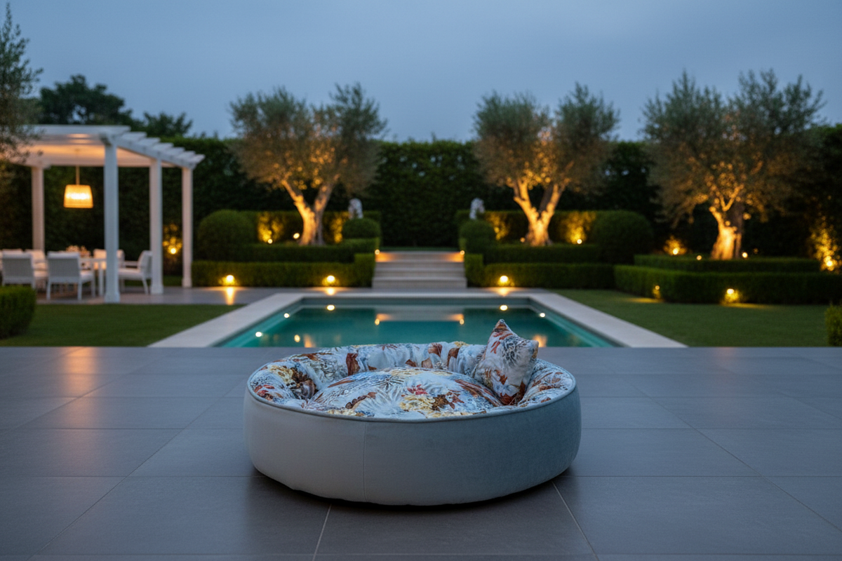 Cuccia Secret Garden Powder Blue in giardino con piscina al tramonto