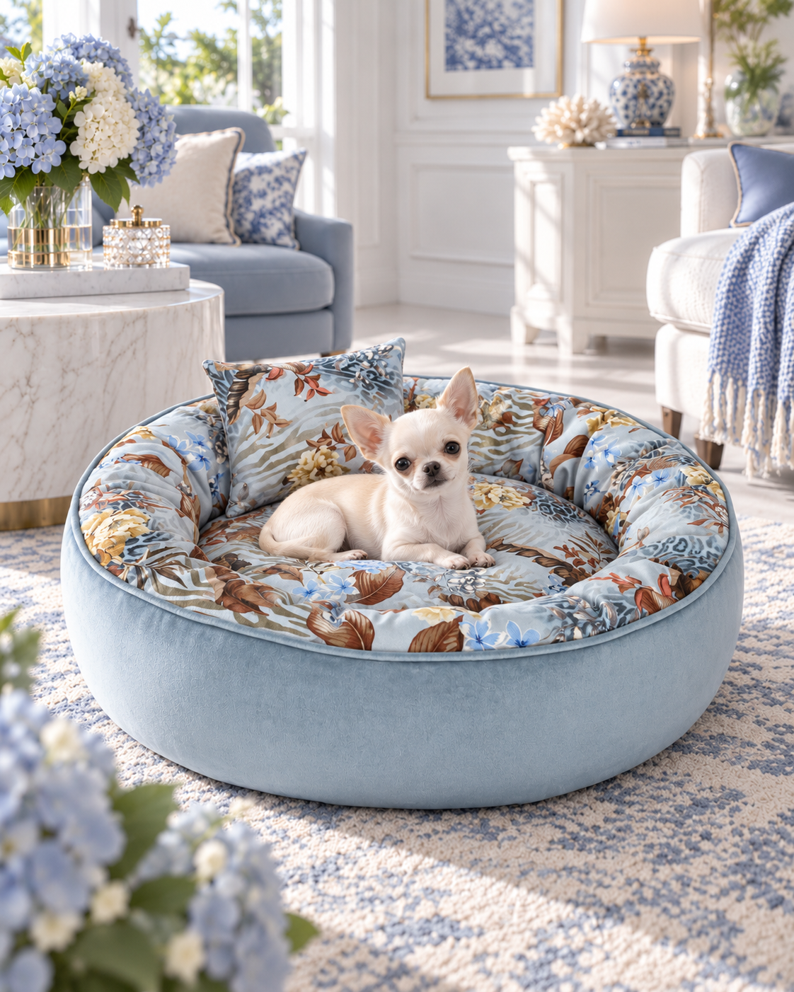 Chihuahua nella cuccia Secret Garden Powder Blue in ambiente elegante