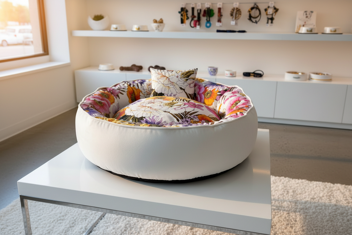 Cuccia nido per cani Secret Garden White Edition con cuscinetto floreale in ambiente boutique - MPI