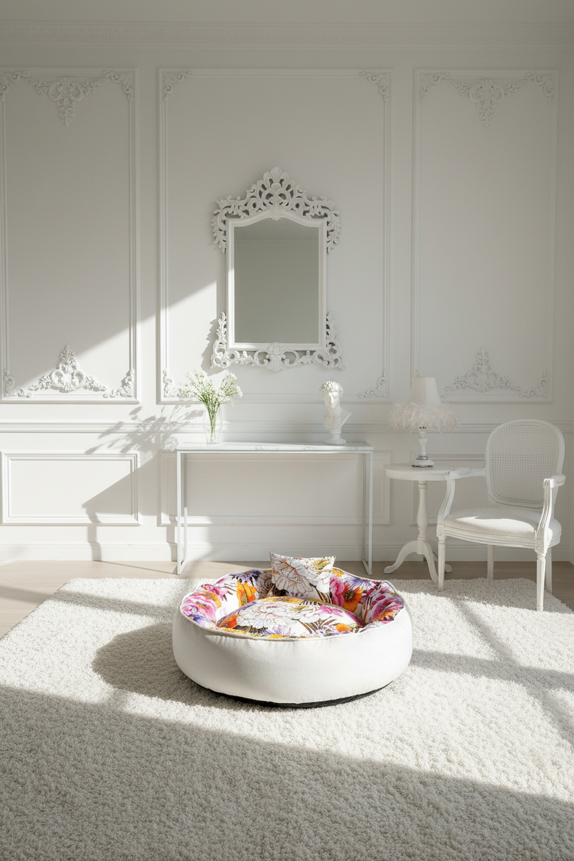 Cuccia nido per cani Secret Garden White Edition con cuscinetto floreale in ambiente elegante bianco con specchio barocco - MPI