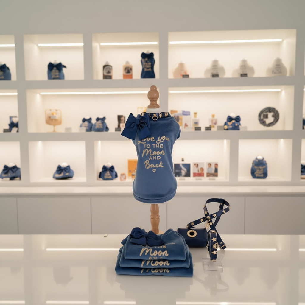 Felpa blu cobalto Royal Glow esposta su manichino con accessori coordinati blu e oro in boutique