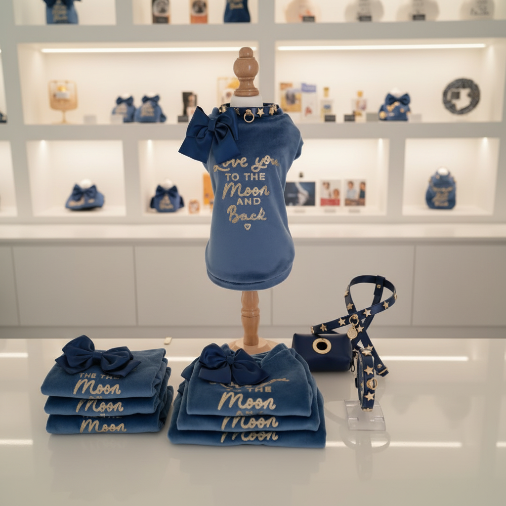 Felpa blu cobalto Royal Glow esposta su manichino con accessori coordinati blu e oro in boutique