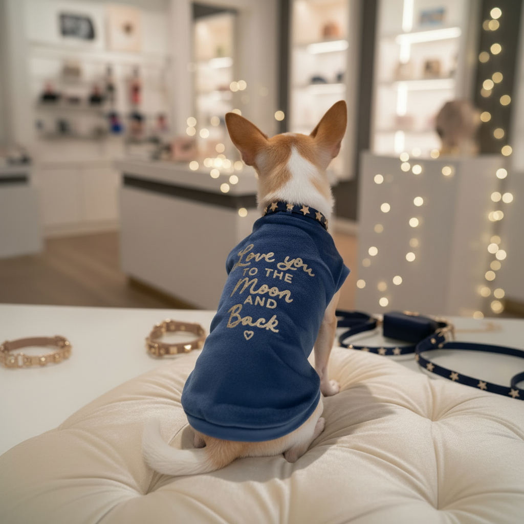 Chihuahua con felpa blu cobalto "Love you to the Moon and Back" su cuscino bianco in boutique