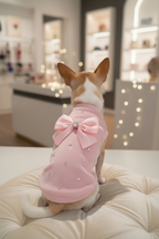 Chihuahua che indossa la felpa Soft Shine rosa baby in ciniglia con strass e fiocco in raso removibile seduto su un pouf in un elegante ambiente boutique – My Pets and I Milano