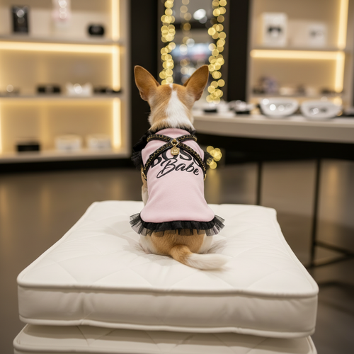 chihuahua con felpina rosa con scritta boss babe glitter nero bordi neri e tulle di spalle su cuscino bianco in boutique