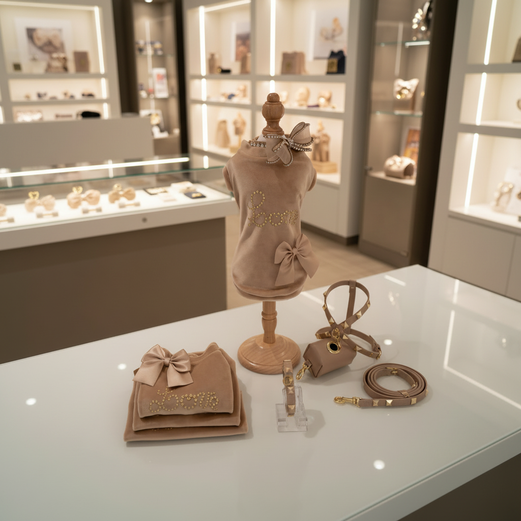 Felpina cammello con scritta "Love" in borchie su manichino, con guinzaglio e porta sacchetti coordinati in boutique
