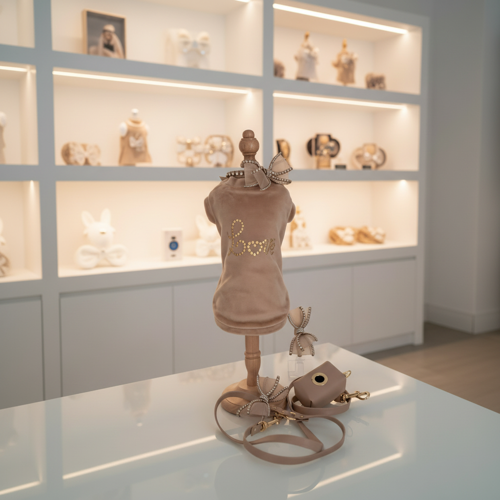 Felpina cammello con scritta "Love" in borchie su manichino, con guinzaglio e porta sacchetti coordinati in boutique