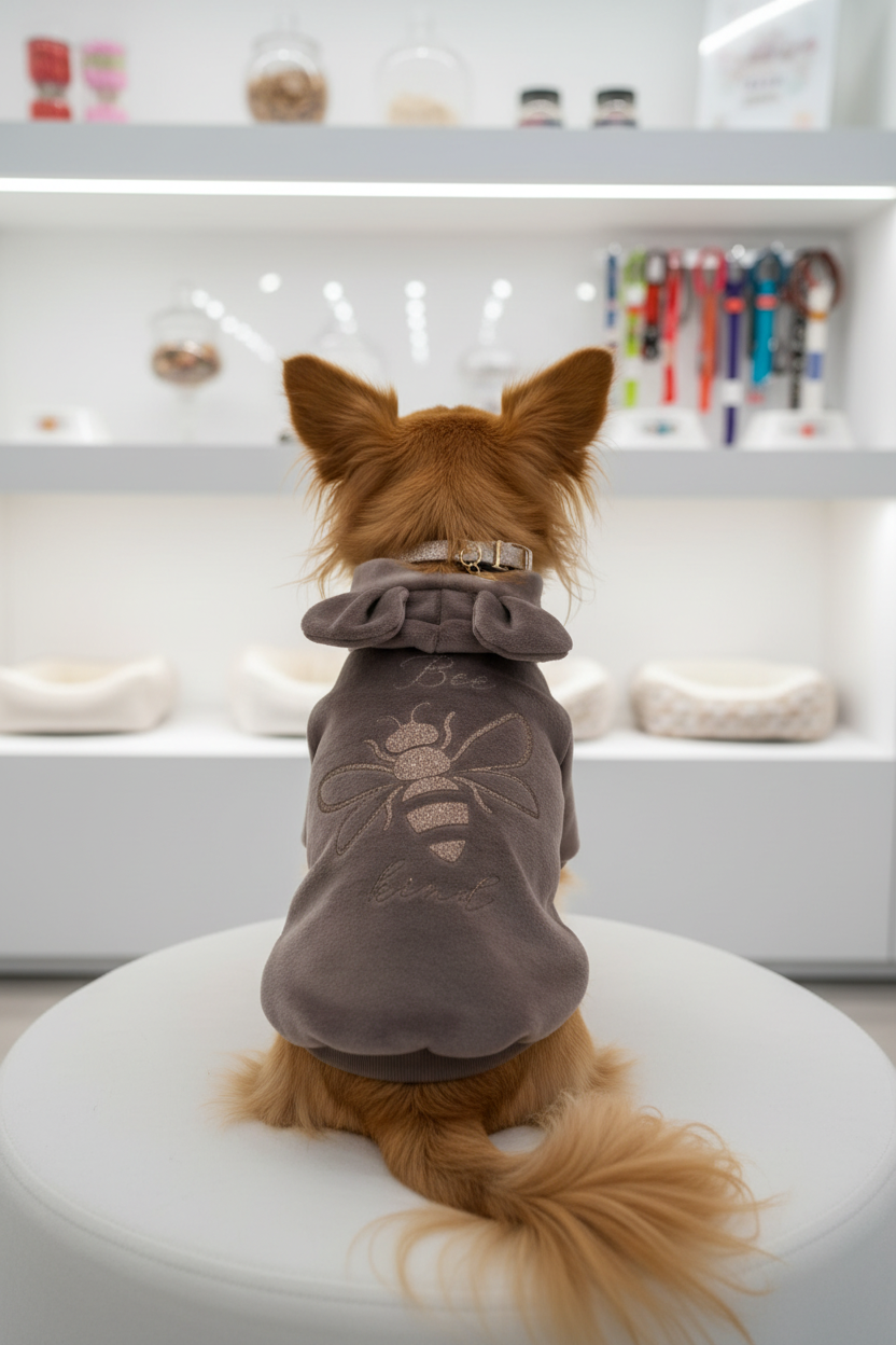 chihuahua da dietro con felpina bee kind in boutique moderna luminosa verticale