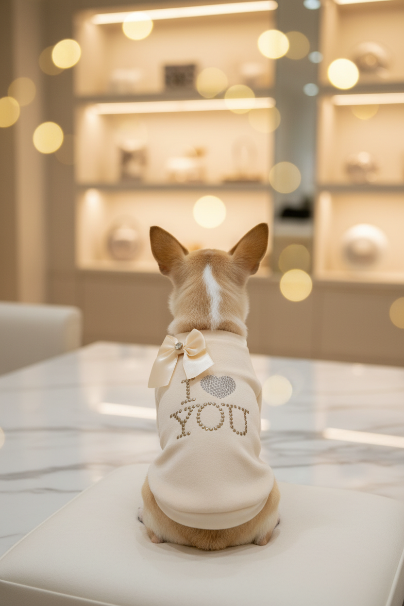 Felpina I Love You crema indossata da chihuahua seduto su cuscino bianco di schiena in bloutique.