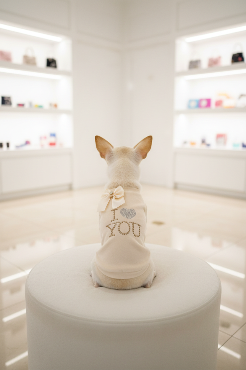 Felpina I Love You indossata da chihuahua seduto su pouf bianco di schiena in boutique