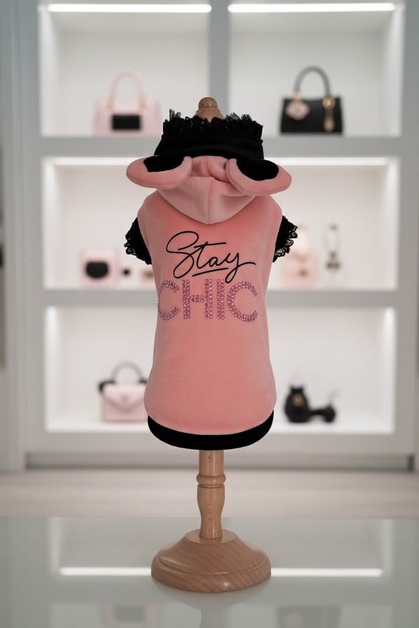 Felpina rosa pesca per cane Stay Chic con cappuccio con orecchie con scritta in strass e glitter bordi neri con pizzo esposta su manichino in boutique