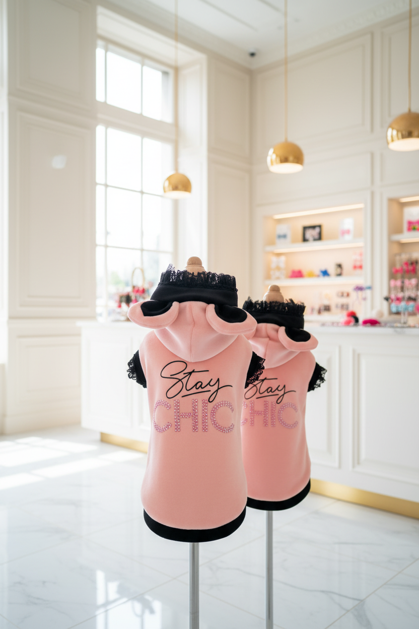 felpina rosa pesca con cappuccio con orecchie, bordi neri con pizzo su due manichini in boutique