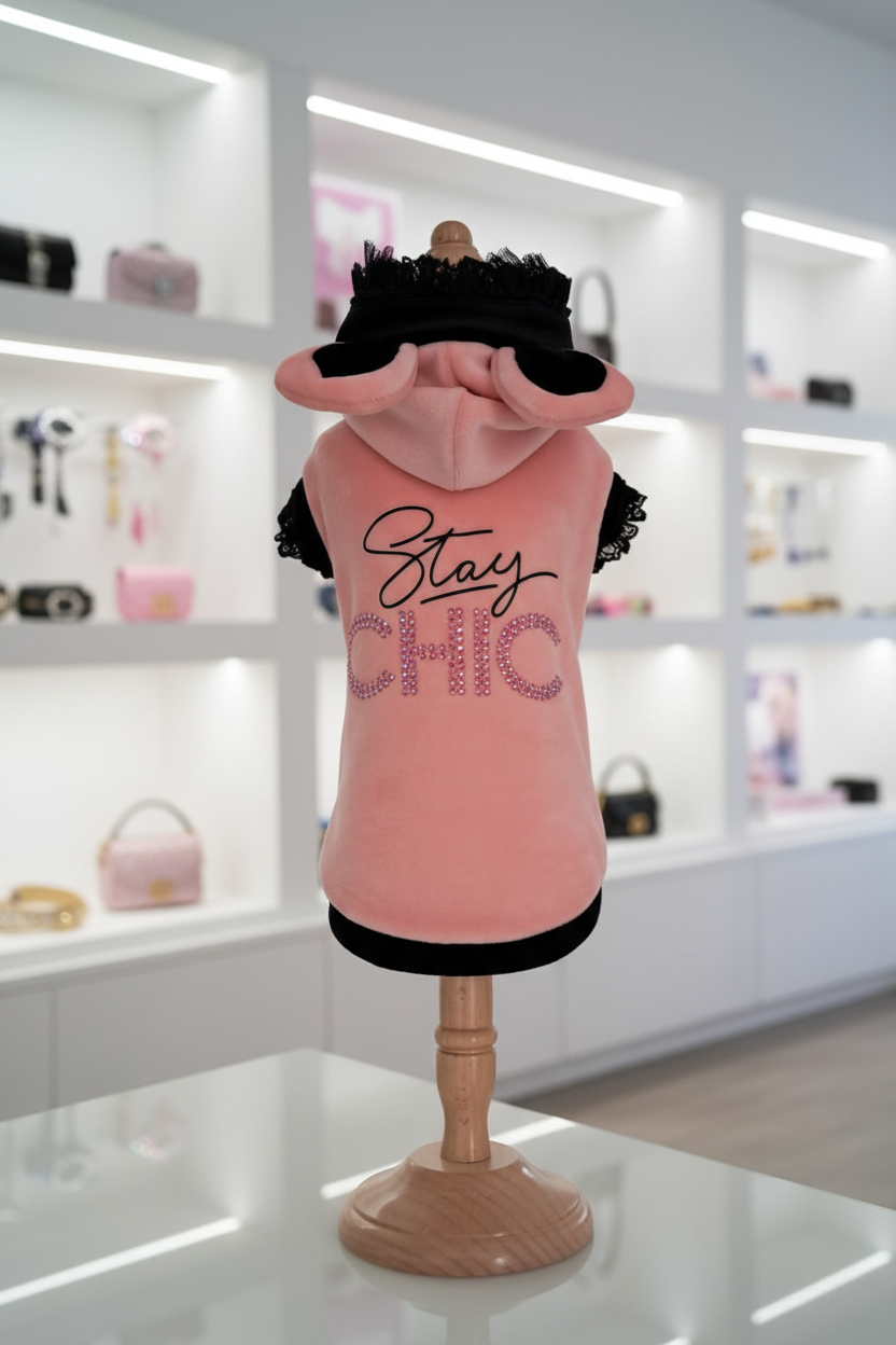 Felpina rosa pesca per cane Stay Chic con cappuccio con orecchie con scritta in strass e glitter bordi neri con pizzo esposta su manichino in 