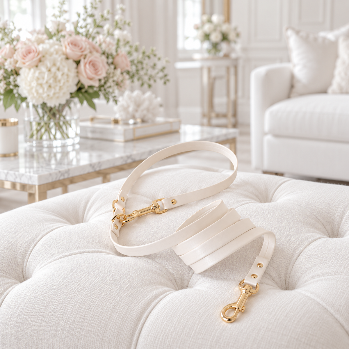 Guinzaglio Bianco Perla con finiture oro in ambiente elegante