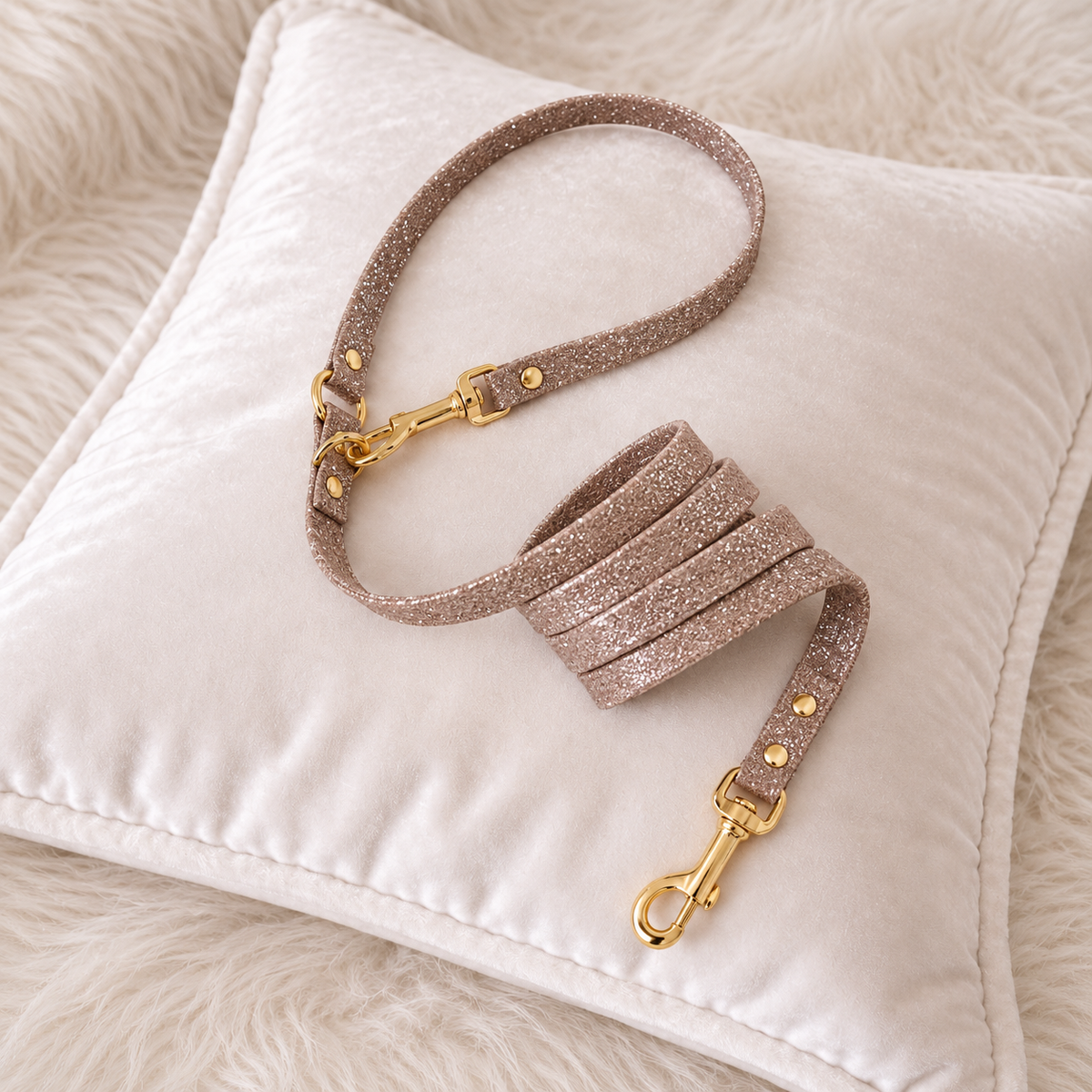 Guinzaglio Glitter Chocolate con finiture oro su cuscino chiaro