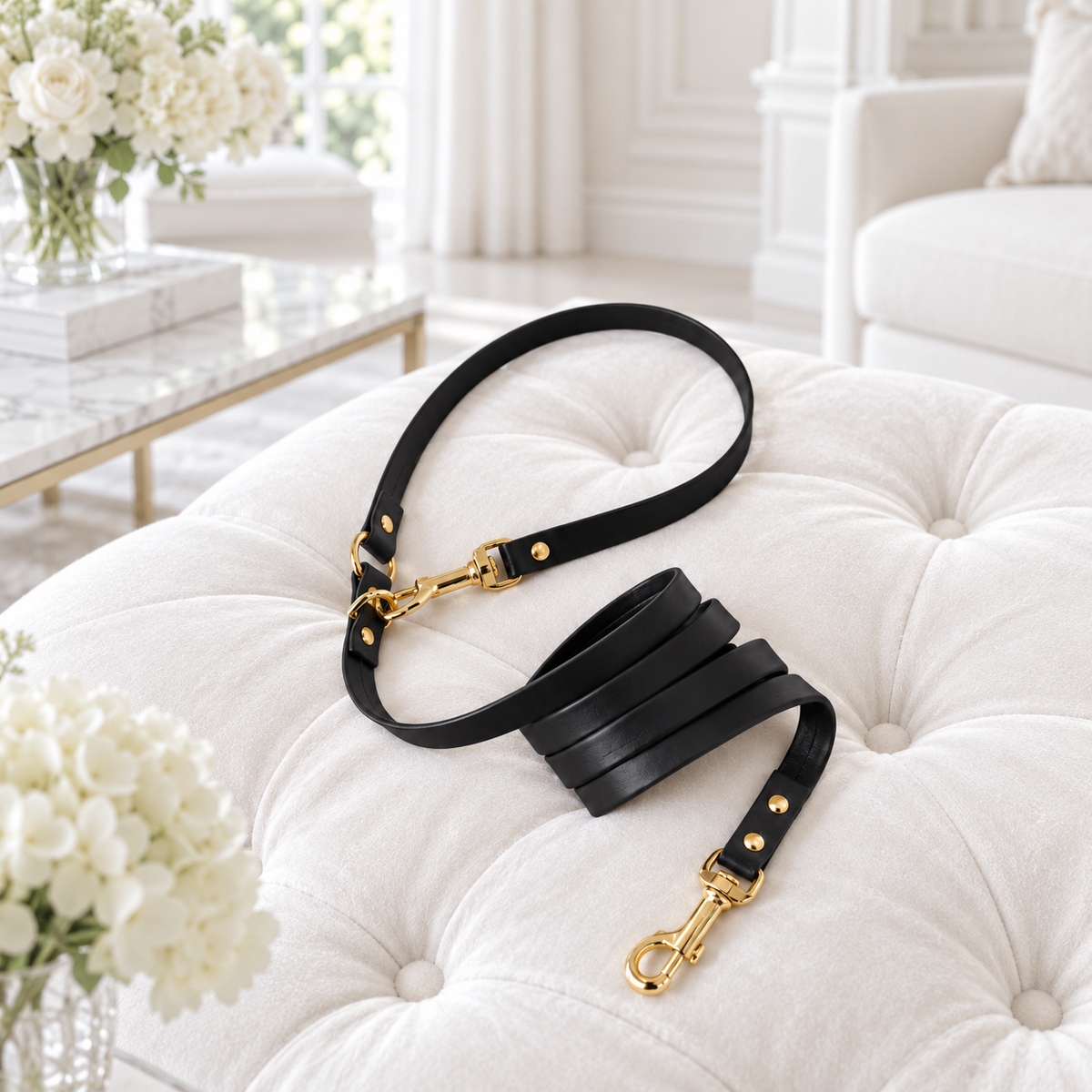 Guinzaglio nero con finiture oro su pouf bianco