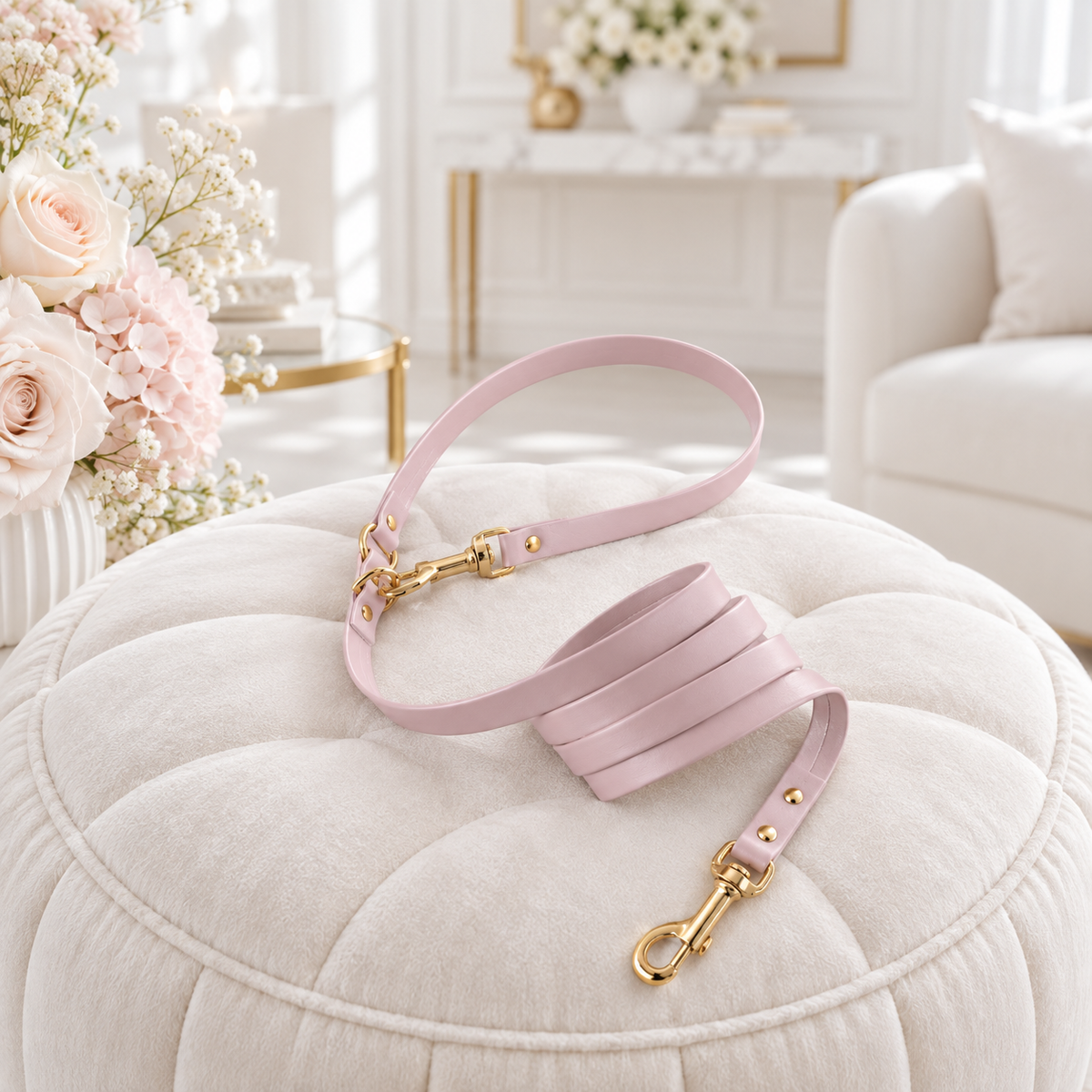 Guinzaglio Powder Pink con finiture oro su pouf bianco