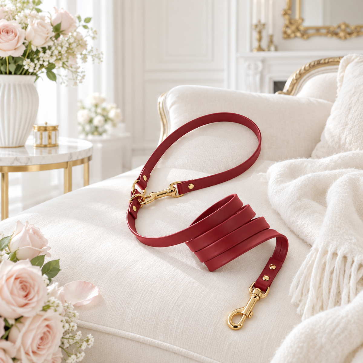 Guinzaglio rosso con finiture oro in ambiente elegante