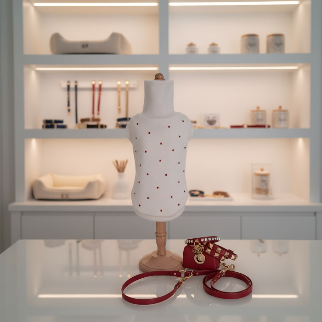Maglioncino bianco per cane con strass rossi esposto su manichino in boutique pet con scaffali illuminati e accessori coordinati