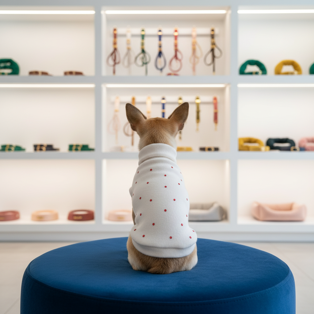 Chihuahua seduto su pouf in boutique pet con maglioncino bianco con strass rossi, scaffali illuminati sullo sfondo