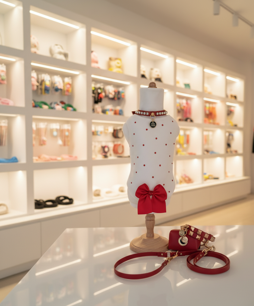 Set maglioncino White Glow con strass rossi, collare e guinzaglio coordinati, vista completa in boutique