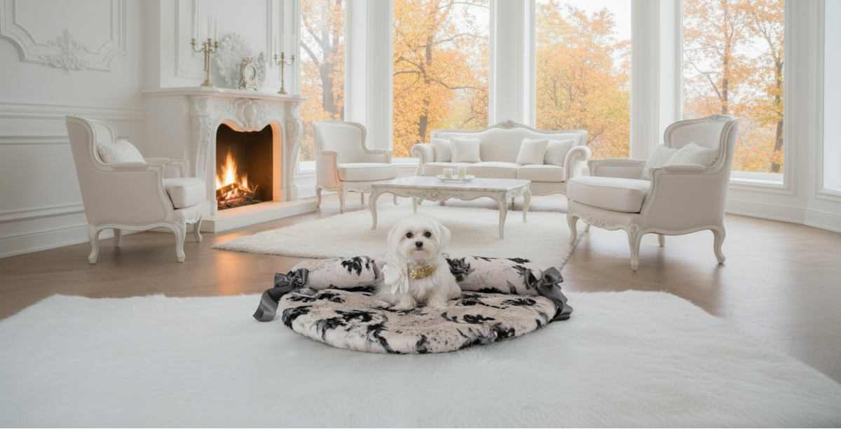 Cagnolina Maltese su materassino rotondo in pelliccia sintetica crema chiarissimo e nero con fiocchi, in un elegante soggiorno con camino – My Pets and I Milano