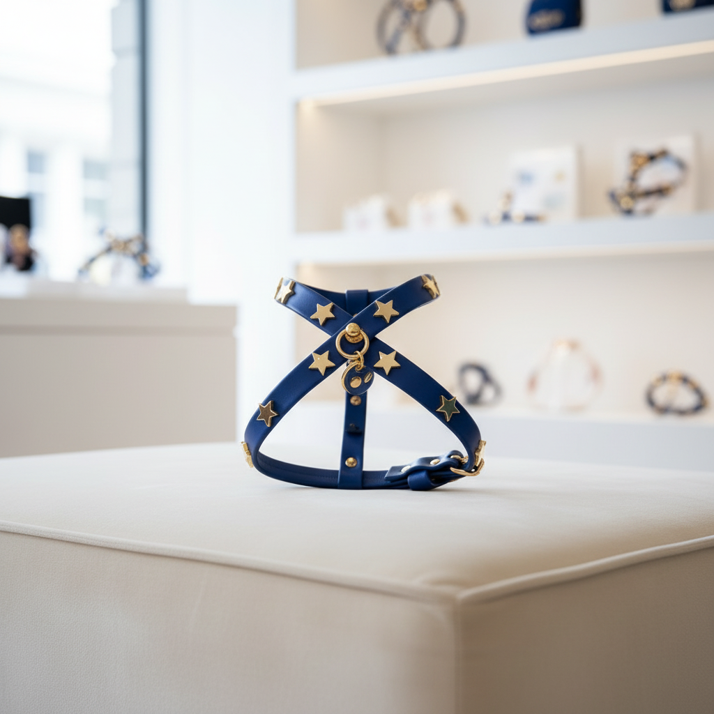 Pettorina Stars Studs blu cobalto con borchie a stella oro esposta su un pouf in un elegante ambiente boutique – My Pets and I Milano
