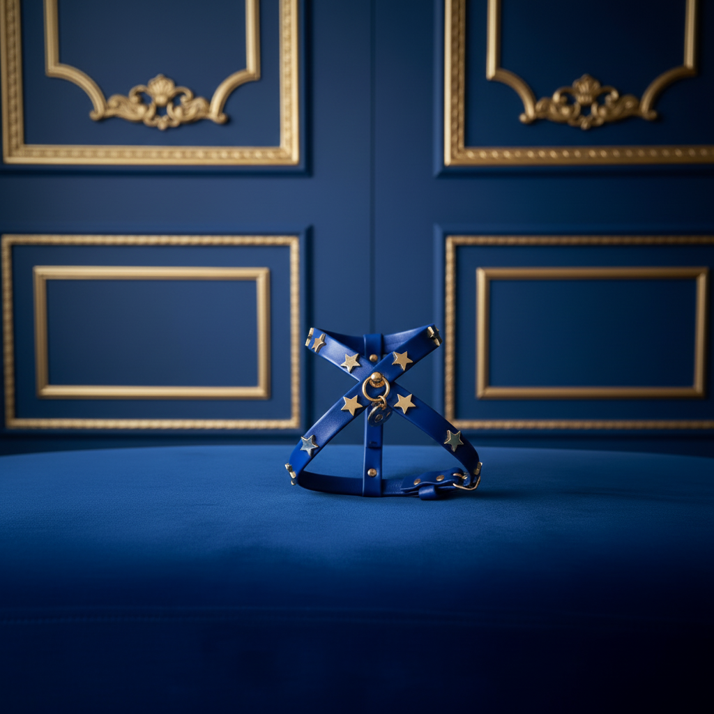 Pettorina Stars Studs blu cobalto con borchie a stella oro su sfondo blu con dettagli dorati – My Pets and I Milano
