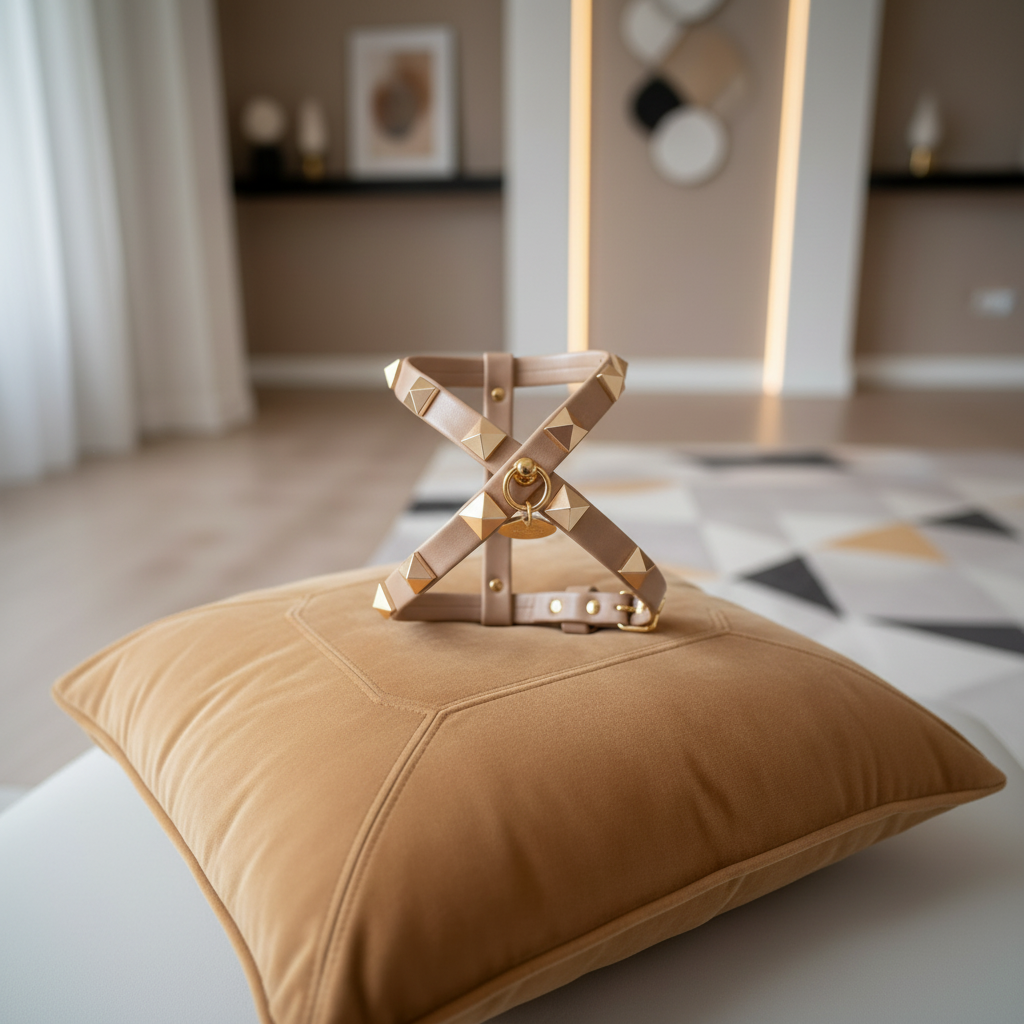 Pettorina con borchie beige twine e finiture oro esposta su un cuscino color cammello in un elegante ambiente moderno – My Pets and I Milano