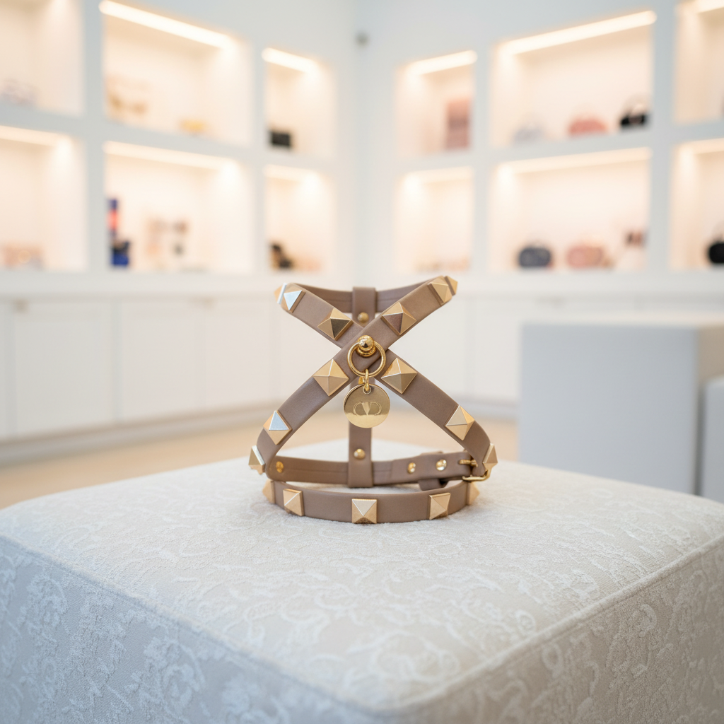 Pettorina con borchie beige twine e finiture oro esposta insieme al collare coordinato su un pouf bianco in un elegante ambiente boutique – My Pets and I Milano