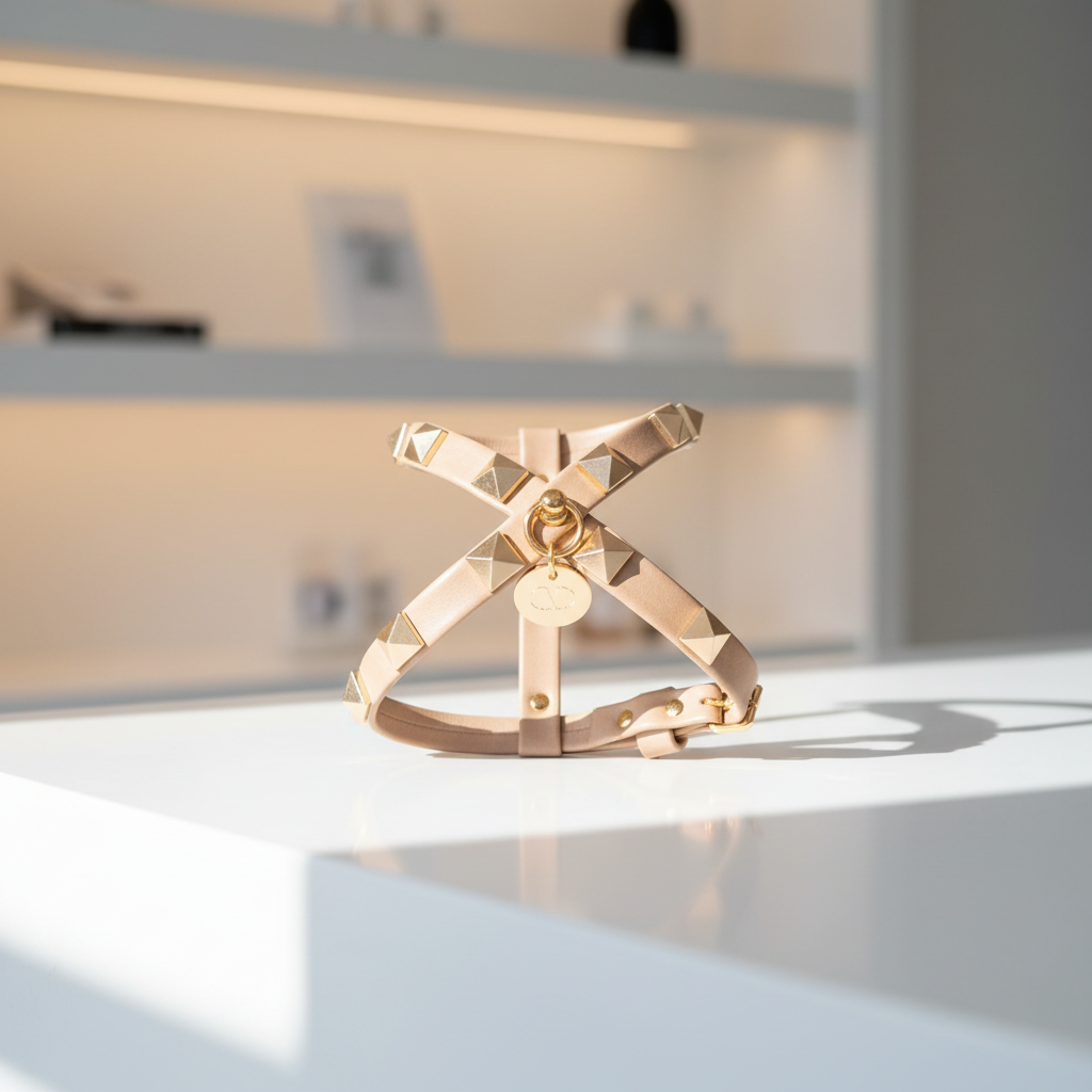 Pettorina con borchie beige twine e finiture oro esposta su un tavolo in un elegante ambiente boutique – My Pets and I Milano