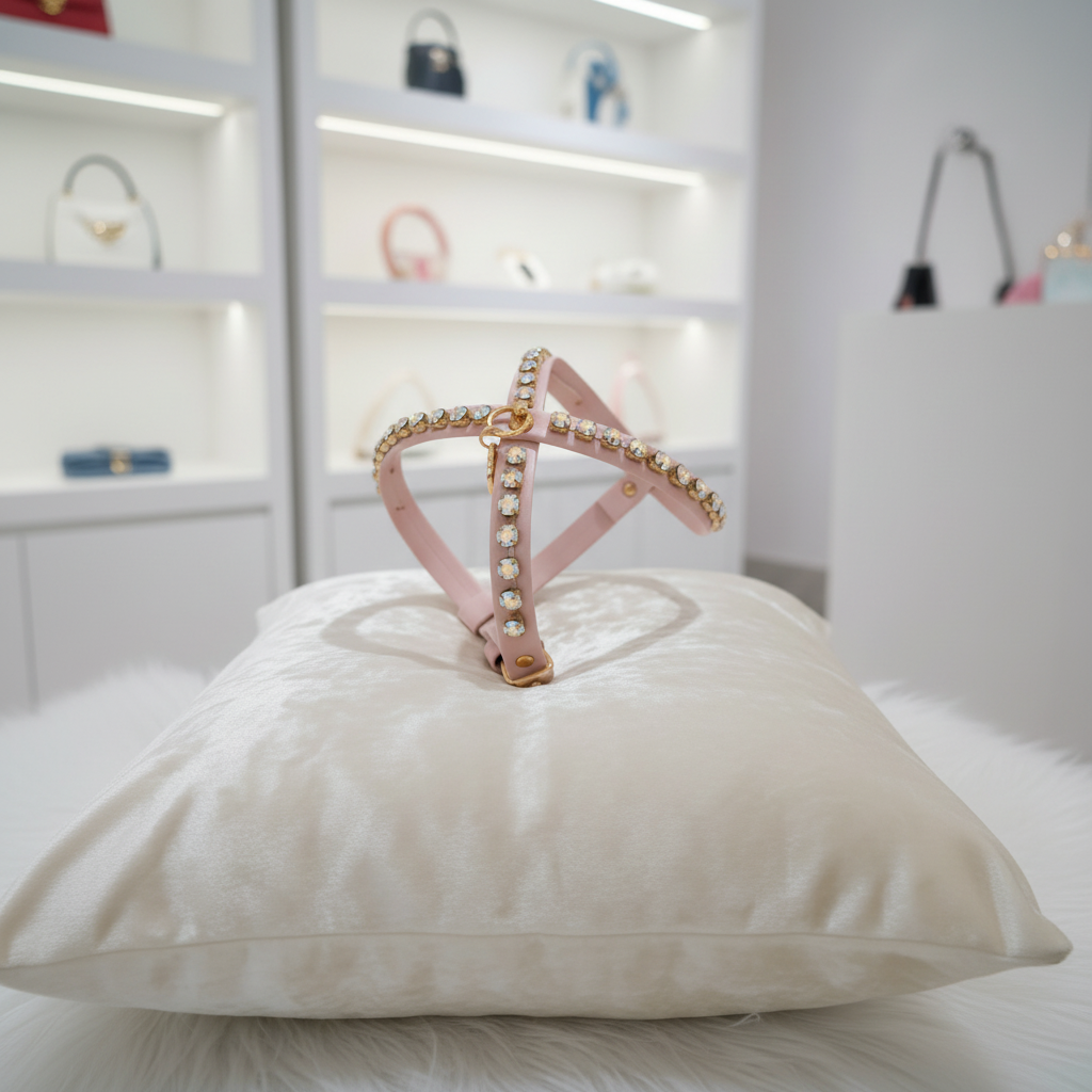 Pettorina Gioiello rosa con cristalli e finiture oro esposta su un cuscino velluto bianco in un elegante ambiente boutique – My Pets and I Milano
