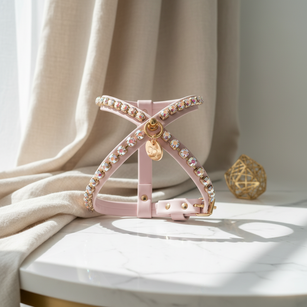 Pettorina Gioiello rosa con cristalli e finiture oro esposta su un tavolo effetto marmo con tenda in lino e dettagli decorativi dorati – My Pets and I Milano