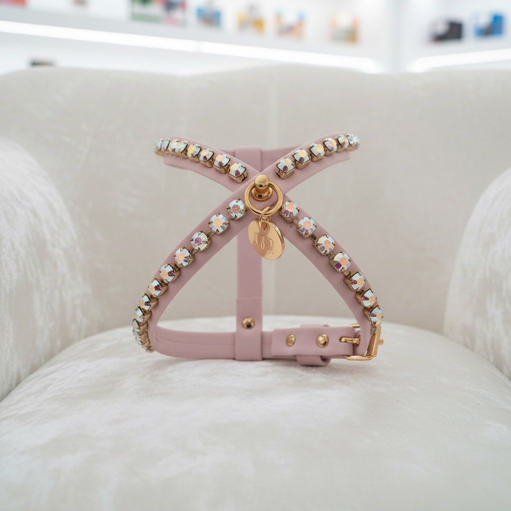 Pettorina Gioiello rosa con cristalli e finiture oro esposta su una poltrona in velluto bianco in un elegante ambiente boutique – My Pets and I Milano