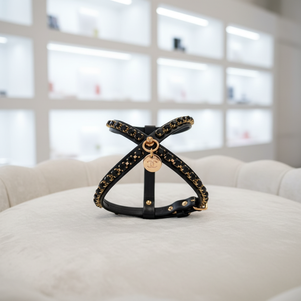 Pettorina Gioiello nera con cristalli neri e finiture oro esposta su un pouf bianco in un elegante ambiente boutique – My Pets and I Milano