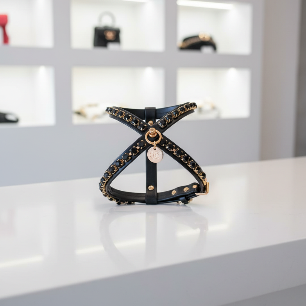 Pettorina Gioiello nera con cristalli neri e finiture oro esposta in un elegante ambiente boutique – My Pets and I Milano