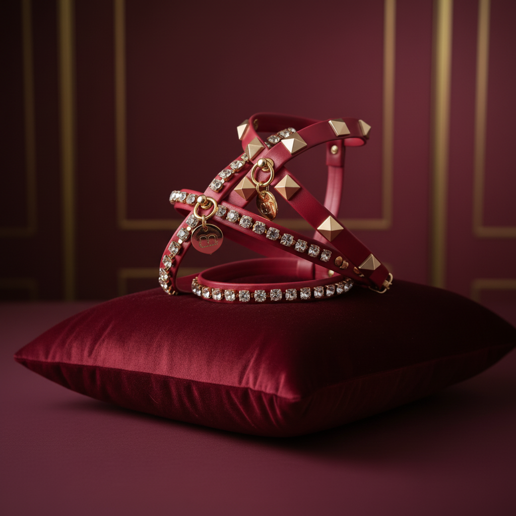 Pettorina Gioiello rossa con cristalli e finiture oro esposta su un cuscino bordeaux insieme a un collare Strass coordinato e a una pettorina con borchie, in un elegante ambiente con dettagli dorati – My Pets and I Milano