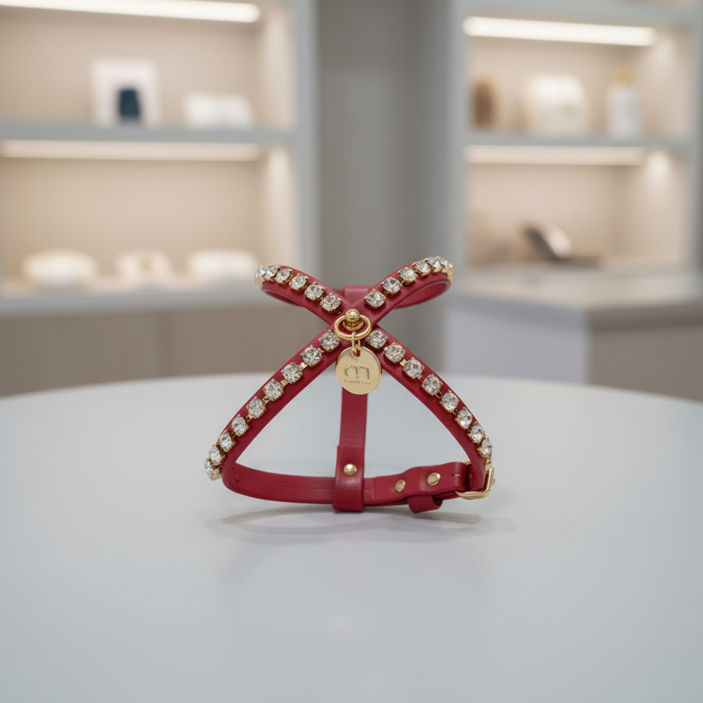 Pettorina Gioiello rossa con cristalli e finiture oro esposta su un tavolo in un elegante ambiente boutique – My Pets and I Milano