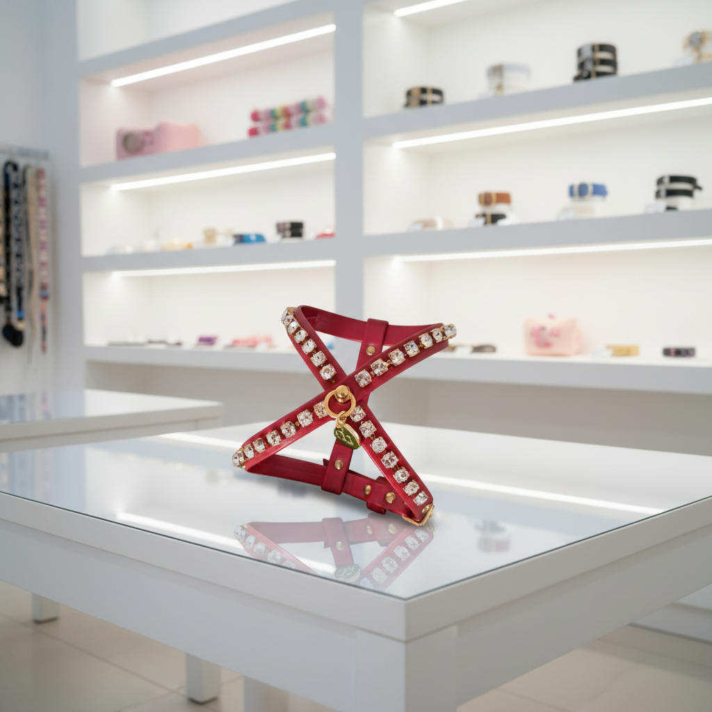 Pettorina Gioiello rossa con cristalli e finiture oro esposta su un tavolo in vetro in un elegante ambiente boutique – My Pets and I Milano