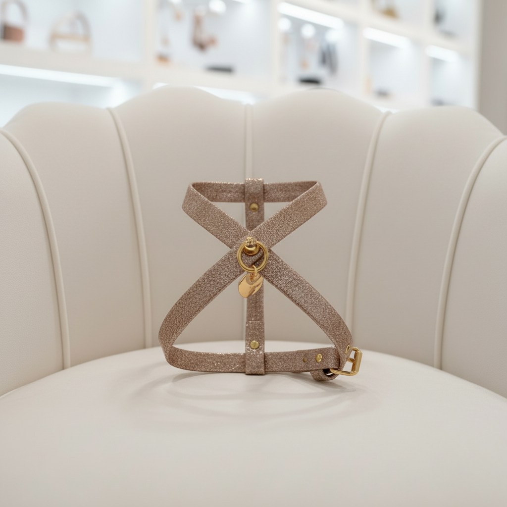Pettorina Glitter chocolate con finiture oro esposta su una poltrona bianca in un elegante ambiente boutique – My Pets and I Milano