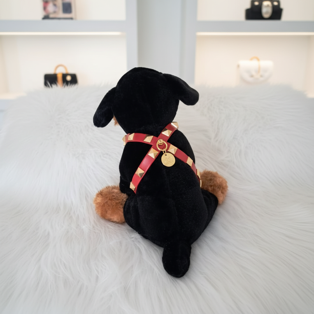Cane in peluche con pettorina rossa con borchie e finiture oro visto di spalle su una superficie in morbida ecopelliccia bianca in un elegante ambiente boutique – My Pets and I Milano