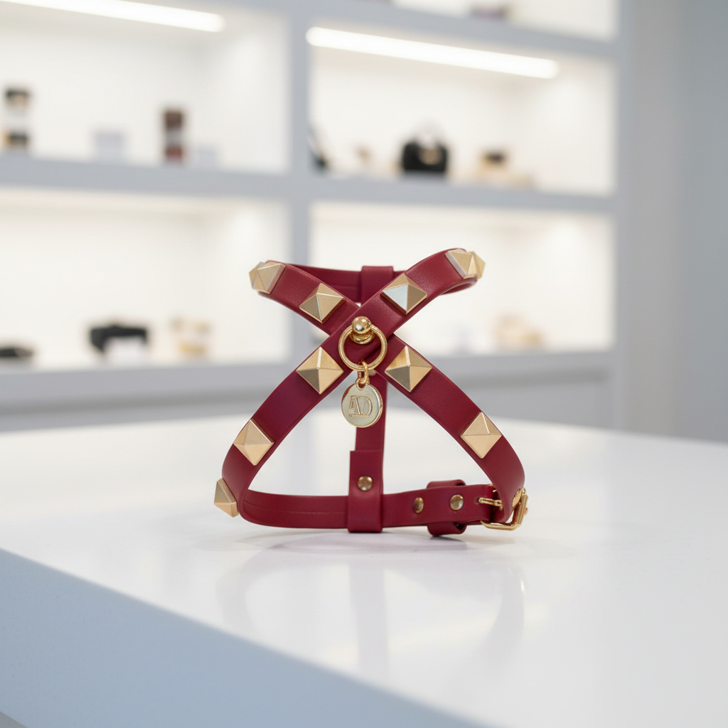 Pettorina con borchie rossa e finiture oro esposta su un tavolo in un elegante ambiente boutique – My Pets and I Milano