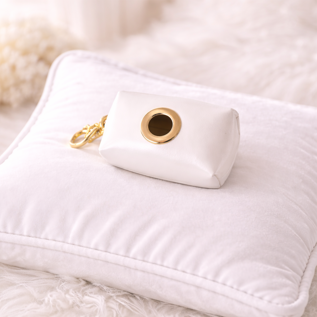 Porta sacchetti igienici bianco perla con finiture oro su cuscino bianco